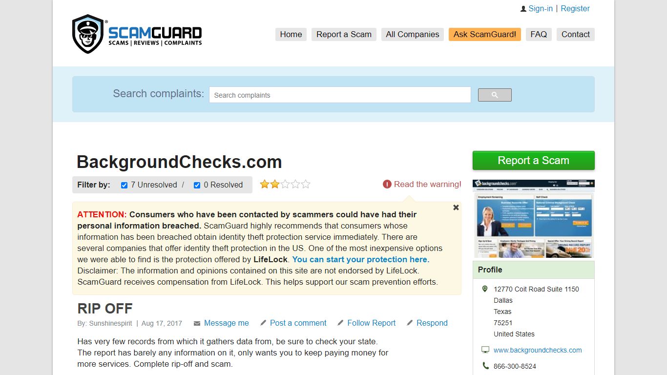 BackgroundChecks.com >> 7 complaints & reviews | SCAMGUARD™